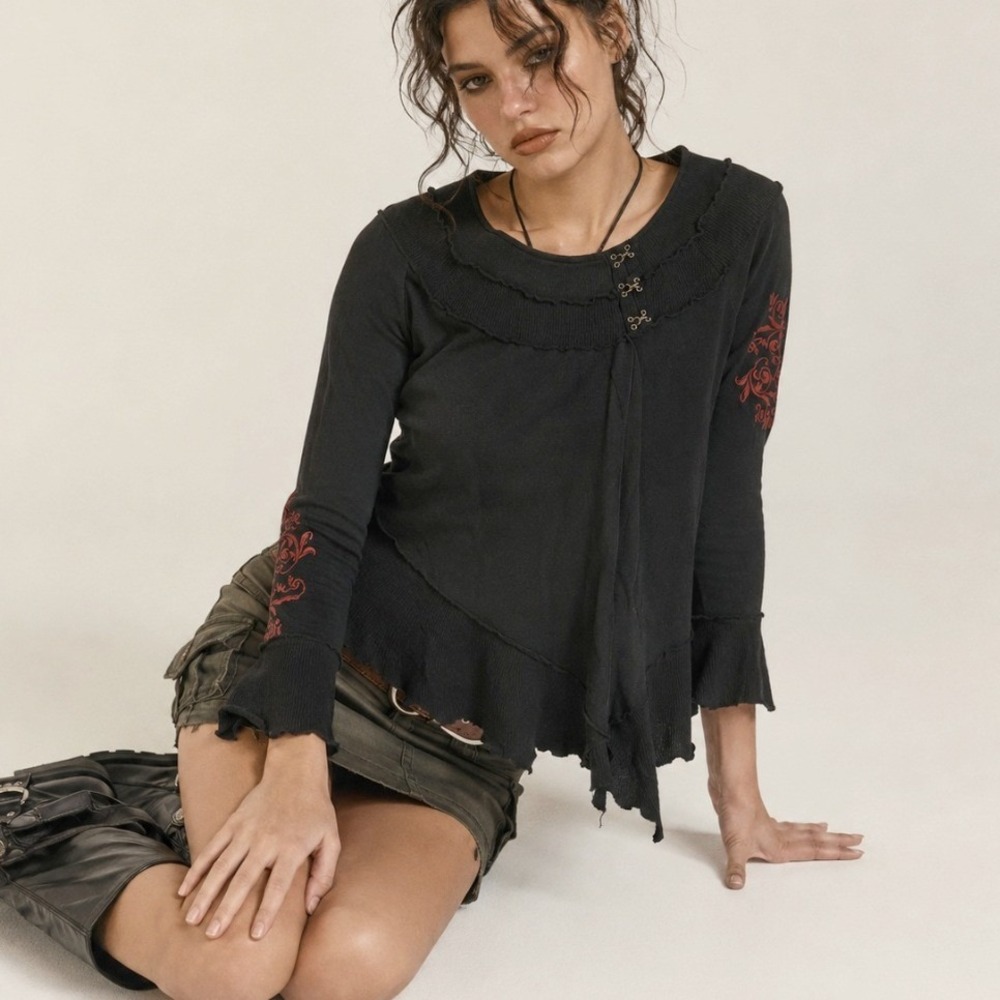 Y2K Embroidered Asymmetrical Top Black Medium Whimsygoth Grunge Fairy Boho Shirt